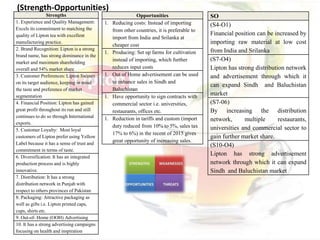 Strengths
1. Experience and Quality Management:
Excels its commitment to matching the
quality of Lipton tea with excellent
manufacturing practice.
2. Brand Recognition: Lipton is a strong
brand name, has strong dominance in the
market and maximum shareholding
overall and 54% market share
3. Customer Preferences: Lipton focuses
on its target audience, keeping in mind
the taste and preference of market
segmentation
4. Financial Position: Lipton has gained
great profit throughout its run and still
continues to do so through International
exports.
5. Customer Loyalty: Most loyal
customers of Lipton prefer using Yellow
Label because it has a sense of trust and
commitment in terms of taste.
6. Diversification: It has an integrated
production process and is highly
innovative.
7. Distribution: It has a strong
distribution network in Punjab with
respect to others provinces of Pakistan
8. Packaging: Attractive packaging as
well as gifts i.e. Lipton printed caps,
cups, shirts etc.
9. Out-of- Home (OOH) Advertising
10. It has a strong advertising campaigns
focusing on health and inspiration
Opportunities
1. Reducing costs: Instead of importing
from other countries, it is preferable to
import from India and Srilanka at
cheaper cost
1. Producing: Set up farms for cultivation
instead of importing, which further
reduces input costs
1. Out of Home advertisement can be used
to enhance sales in Sindh and
Baluchistan
1. Have opportunity to sign contracts with
commercial sector i.e. universities,
restaurants, offices etc.
1. Reduction in tariffs and custom (import
duty reduced from 10% to 5%, sales tax
17% to 6%) in the recent of 2015 gives
great opportunity of increasing sales.
SO
(S4-O1)
Financial position can be increased by
importing raw material at low cost
from India and Srilanka
(S7-O4)
Lipton has strong distribution network
and advertisement through which it
can expand Sindh and Baluchistan
market
(S7-06)
By increasing the distribution
network, multiple restaurants,
universities and commercial sector to
gain further market share.
(S10-O4)
Lipton has strong advertisement
network through which it can expand
Sindh and Baluchistan market
(Strength-Opportunities)
 