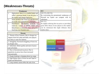 (Weaknesses-Threats)
Weaknesses
1. High prices: Since it is a market leader and
offers a premium brand, it sets the price in
the market and charges high price.
1. Some products like Green tea and flavored
tea needs more promotional campaigns.
WT
(W2-T3), (W2-T6)
By overcoming the promotional weaknesses of
flavored tea Lipton can compete with its
substitutes
(W1-T1)
By slightly reducing their tea prices or providing
good offers threat of new players in the market
can be minimized that might influence their
market share.
1. Distribution: Distribution network is
relatively weaker in NWFP, Sindh and
Baluchistan as consumers there still prefer
local teas over branded ones.
Threats
1. Threats of New Entrants: Due to cheaper tea
imports from Sri Lanka and India, new players
are likely to enter the industry.
2. Smuggling: Increased smuggling of loose tea
at cheaper rates.
3. Substitutes: Better quality and taste of juices
and soft drinks
4. Rise in International tea prices: Due to
popularity tea prices have been increased
internationally.
5. People thinking is changing about tea usage
6. High Market share of loose tea and Tapal in
Sindh and Baluchistan
7. Long summer season affect the sale of tea
 