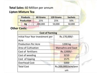 Cost of Farming
Initial Four Year Investment per
Acre
Rs.170,000/-
Production Per Acre 1200 kg
Area of Cultivation Mansahra and Swat
Cost of fertilizers Rs.12000/-
Cost of weeding 3210
Cost of tipping 1575
Overhead Cost 5000
Total Cost Rs.200,000/acre/ann
um
Total Sales: 60 Million per annum
Other Costs:
Lipton Mixture Tea
Products 60 Grams 120 Grams Sachets
Production 25% 25% 50%
Kg 200,000 50,000 50,000
 