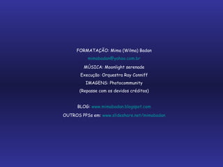 FORMATAÇÃO: Mima (Wilma) Badan [email_address] MÚSICA: Moonlight serenade Execução: Orquestra Ray Conniff IMAGENS: Photocommunity (Repasse com os devidos créditos) BLOG:  www.mimabadan.blogspot.com OUTROS PPSs em:  www.slideshare.net/mimabadan 