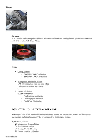 0536ME131005
Diagram
Furnaces
BGL furnaces division engineers construct batch and continuous heat treating furnace system in collaboration
with AFC – Holcraft Michigan ,USA .
System
 Quality Systems
 ISO 9001 – 2000 Certification
 ISO 16949 – 2000 Certification
 Management Information System
LAN of computers at plant and head office
Unit wise cost analysis and control .
 Human RD System
TQM Culture Throw
 Total customer satisfaction
 Total employee envolment
 Total Waste Elimination
TQM –TOTAL QUALITY MANAGEMENT
To keep pace time in this liberated economy to enhanced national and international growth , to create quality
and maintain marketing leadership.TQM is where positive thinking core element.
TQM Thrust Areas are-
 Management Responsibilites
 Total customer delight
 Stratigic Quality Planning
 Human Resource Utilization
 