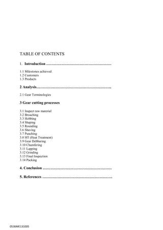 0536ME131005
TABLE OF CONTENTS
1. Introduction ……………………………………………
1.1 Milestones achieved
1.2 Customers
1.3 Products
2 Analysis…………………………………………………..
2.1 Gear Terminologies
3 Gear cutting processes
3.1 Inspect raw material
3.2 Broaching
3.3 Hobbing
3.4 Shaping
3.5 Rounding
3.6 Shaving
3.7 Punching
3.8 HT (Heat Treatment)
3.9 Gear Debburing
3.10 Chamfering
3.11 Lapping
3.12 Grinding
3.13 Final Inspection
3.14 Packing
4. Conclusion ………………………………………………
5. References ……………………………………………….
 