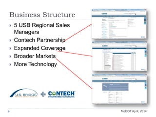 MoDOT April, 2014
Business Structure
 5 USB Regional Sales
Managers
 Contech Partnership
 Expanded Coverage
 Broader Markets
 More Technology
 