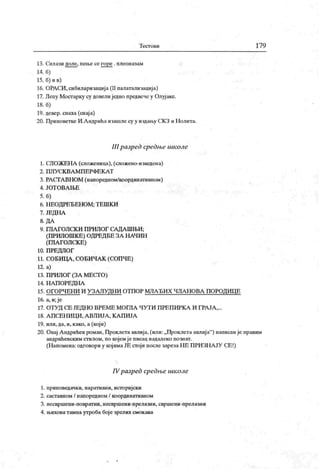 Т ест о ви 179
13. Силази доле, пење се горе . плеоназам
14. G)
15. б) и в)
16. ОРАСИ, сибиларизација (II палатализација)
17. Лепу Мост арку су довелиједно предвечеу Олуј аке.
18. б)
19. девер. снаха (снај а)
20. ПриповеткеИ.А ндрићаизашле су у издању СК З иНолита.
III разред срсдње школе
1. СЛОЖЕНА (сложеница), (сложено-изведена)
2 . П Л У С К В А М П Е РФ Е К А Т
3. РАСГА ВНОМ (напоредном/координативном)
4. J OT O B A I b E
5. б)
6. I IЕОД РЕ Б ЕНОМ ; Т ЕШК И
7. ЈЕДНА
8. ДА
9. ГЛА ГОЛСК И П РИЛОГ СА ДА ШЊИ;
(ПРИЛОШК Е) ОДРЕДБЕ ЗА НАЧИН
(ГЛА ГОЛСК Е)
10. П РЕД ЛО Г
11. СОБИ ЦА , СОБИ ЧА К (СОПЧЕ)
12. а)
13. П РИЛОГ (ЗА МЕСТО)
14. Н А П ОРЕД Н А
15. ОГОРЧ ЕН И И У ЗА ЛУ ДН И ОТ ПОР МЛ А ЂИ Х ЧЛА Н ОВА П ОРОД ИЦ Е
16. а, и;је
17. ОТУД СЕ ЈЕДН О ВРЕМЕ МОГЈ1А ЧУТИ ПРЕП ИРКА И ГРА ЈА ,...
18. А П СЕН ИЦ И , А ВЛИЈА , К А П ИЈА
19. или, да, и, како, а (који)
20. Овај Андрићев роман, Проклета авлија, (или: „Проклета авлија"
) написан је правим
андрићевским стилом, по којемј е писац надалеко познат.
(Напомена: одговори у којимаЈЕ стоји после зарезаНЕ ПРИЗНАЈУ СЕ!)
IVразред средње школе
1. приповедачк и, наративни, историјски
2. саставном / напоредном / координативном
3. несвршени-повратни, несвршени-прелазни, свршени-прелазни
4. њиховатамна утроба боје зрелих смокава
 