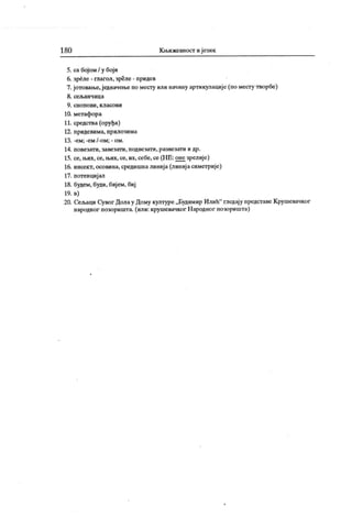 180 Књижевност и језик
5. са бојом / у бој и
6. зреле - глагол, зреле - придев
7. јотовање,једначење по месту или начину артикулације (по месту творбе)
8. сељанчица
9. снопови, к ласови
10. метафора
11. средства (оруђа)
12. придевима, прилозима
13. -ем; -ем /-ом; - ом.
14. повезати, завезати, подвезати, развезати и др.
15. се, њих, се, њих, се, их, себе,се (Н Е: оне зрелије)
16. инсект, осовина, средишналинија (линиј асиметрије)
17. потенциј ал
18. будем, буди, биј ем, биј
19. в)
20. Сељаци Сувог Долау Дому културе „ Будимир Илић" гледају представе Крушевачког
народног позоришта. (или: крушевачког Народног позоришта)
 