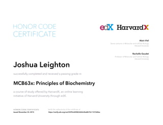 Senior Lecturer in Molecular and Cellular Biology
Harvard University
Alain Viel
Professor of Molecular and Cellular Biology
Harvard University
Rachelle Gaudet
HONOR CODE CERTIFICATE Verify the authenticity of this certificate at
CERTIFICATE
HONOR CODE
Joshua Leighton
successfully completed and received a passing grade in
MCB63x: Principles of Biochemistry
a course of study offered by HarvardX, an online learning
initiative of Harvard University through edX.
Issued November 22, 2015 https://verify.edx.org/cert/0295c600863d4cb3ba8b74c11410d0ac
 