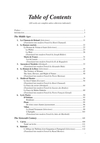 Table of Contents
                            (All works are complete unless otherwise indicated.)


Preface ............................................................................................................................... 1
Introduction ........................................................................................................................ 3

The Middle Ages .......................................................................................................... 5
    1. La Chanson de Roland (Selections) .................................................................. 11
           (Translation into modern French by Henri Chamard)
    2. Le Roman courtois ............................................................................................. 22
           Le Roman de Tristan et Iseut (Selections) .................................................... 23
             Le Philtre .................................................................................................. 23
             La Mort ..................................................................................................... 26
             (Translated into modern French by Joseph Bédier)
           Marie de France .......................................................................................... 31
              Lai du Laustic .......................................................................................... 31
              (Translated into modern French by B. de Roquefort)
    3. Aucassin et Nicolette (Abridged) ........................................................................ 33
           (Translated into modern French by Alexandre Bida)
    4. Le Roman de la Rose (Selections) ..................................................................... 44
           The Trickery of Women ................................................................................ 45
           The Aims, Devices, and Might of Nature ..................................................... 50
           (Translated into modern French by Pierre Marteau)
    5. Medieval Theater ............................................................................................... 54
           Le Jeu d’Adam (Excerpts) ............................................................................ 54
           (Translated into modern French by Henri Chamard)
           La Farce du cuvier (Abridged) ...................................................................... 64
           (Translated into modern French by Gassies des Brulies)
           La Farce de Maître Pathelin .......................................................................... 69
           (Translated into modern French by Pierre-François Giroud)
    6. Lyric Poetry ........................................................................................................ 90
           D’Orléans..................................................................................................... 93
              Rondeaux ................................................................................................. 94
           Pisan ............................................................................................................. 95
              De triste coeur chanter joyeusement ........................................................ 96
           Villon ............................................................................................................ 97
              Le Grand Testament (Selections) ............................................................. 99
              L’Épitaphe .............................................................................................. 103
              (Translated into modern French by Jules de Marthold)

The Sixteenth Century ........................................................................................... 105
    7. Calvin ................................................................................................................ 109
           Traité sur la foi ............................................................................................ 111
    8. Rabelais ............................................................................................................. 112
           L’Abbaye de Thélème from Gargantua et Pantagruel (Selections) ............. 114
           (Translated into modern French by Raoul Mortier)
                                                                                                                                  v
 