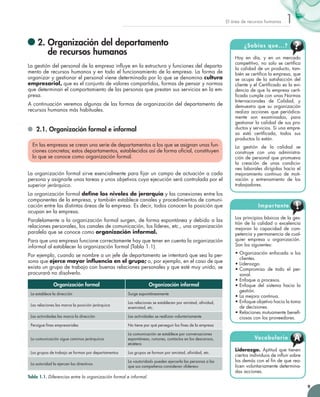 9
1El área de recursos humanos
	2. Organización del departamento
de recursos humanos
La gestión del personal de la empresa influye en la estructura y funciones del departa-
mento de recursos humanos y en todo el funcionamiento de la empresa. La forma de
organizar y gestionar el personal viene determinada por lo que se denomina cultura
empresarial, que es el conjunto de valores compartidos, formas de pensar y normas
que determinan el comportamiento de las personas que prestan sus servicios en la em-
presa.
A continuación veremos algunas de las formas de organización del departamento de
recursos humanos más habituales.
	 2.1. Organización formal e informal
En las empresas se crean una serie de departamentos a los que se asignan unas fun-
ciones concretas; estos departamentos, establecidos así de forma oficial, constituyen
lo que se conoce como organización formal.
La organización formal sirve esencialmente para fijar un campo de actuación a cada
persona y asignarle unas tareas y unos objetivos cuya ejecución será controlada por el
superior jerárquico.
La organización formal define los niveles de jerarquía y las conexiones entre los
componentes de la empresa, y también establece canales y procedimientos de comuni-
cación entre las distintas áreas de la empresa. Es decir, todos conocen la posición que
ocupan en la empresa.
Paralelamente a la organización formal surgen, de forma espontánea y debido a las
relaciones personales, los canales de comunicación, los líderes, etc., una organización
paralela que se conoce como organización informal.
Para que una empresa funcione correctamente hay que tener en cuenta la organización
informal al establecer la organización formal (Tabla 1.1).
Por ejemplo, cuando se nombre a un jefe de departamento se intentará que sea la per-
sona que ejerce mayor influencia en el grupo; o, por ejemplo, en el caso de que
exista un grupo de trabajo con buenas relaciones personales y que esté muy unido, se
procurará no disolverlo.
Organización formal Organización informal
La establece la dirección Surge espontáneamente
Las relaciones las marca la posición jerárquica
Las relaciones se establecen por amistad, afinidad,
enemistad, etc.
Las actividades las marca la dirección Las actividades se realizan voluntariamente
Persigue fines empresariales No tiene por qué perseguir los fines de la empresa
La comunicación sigue caminos jerárquicos
La comunicación se establece por conversaciones
espontáneas, rumores, contactos en los descansos,
etcétera
Los grupos de trabajo se forman por departamentos Los grupos se forman por amistad, afinidad, etc.
La autoridad la ejercen los directivos
La «autoridad» pueden ejercerla las personas a las
que sus compañeros consideran «líderes»
Tabla 1.1. Diferencias entre la organización formal e informal.
Liderazgo. Aptitud que tienen
ciertos individuos de influir sobre
los demás con el fin de que rea-
licen voluntariamente determina-
das acciones.
Vocabulario A
Los principios básicos de la ges-
tión de la calidad o excelencia
mejoran la capacidad de com-
petencia y permanencia de cual-
quier empresa u organización.
Son los siguientes:
• Organización enfocada a los
clientes.
• Liderazgo.
• Compromiso de todo el per-
sonal.
• Enfoque a procesos.
• Enfoque del sistema hacia la
gestión.
• La mejora continua.
• Enfoque objetivo hacia la toma
de decisiones.
• Relaciones mutuamente benefi-
ciosas con los proveedores.
Importante
Hoy en día, y en un mercado
competitivo, no solo se certifica
la calidad de un producto, tam-
bién se certifica la empresa, que
se ocupa de la satisfacción del
cliente y el Certificado es la evi-
dencia de que la empresa certi-
ficada cumple con unas Normas
Internacionales de Calidad, y
demuestra que su organización
realiza acciones que periódica-
mente son examinadas, para
gestionar la calidad de sus pro-
ductos y servicios. Si una empre-
sa está certificada, todos sus
productos lo están.
La gestión de la calidad se
construye con una administra-
ción de personal que promueva
la creación de unas condicio-
nes laborales dirigidas hacia el
mejoramiento continuo de moti-
vación y entrenamiento de los
trabajadores.
¿Sabías que...?
 