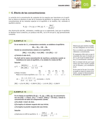 15105EQUILIBRIO QUÍMICO
	 C. Efecto de las concentraciones
La variación de la concentración de cualquiera de las especies que intervienen en el equili-
brio no afecta en absoluto al valor de la constante de equilibrio; no obstante, el valor de las
concentraciones de las restantes especies en el equilibrio sí se modifica. Así, volviendo al
equilibrio anterior:
N2 (g) + 3 H2 (g) →← 2 NH3 (g); Kc =
[ ]
[ ][ ]
NH
N H
3
2
2 2
3
Una disminución del NH3, retirándolo a medida que se va obteniendo, hará que el equilibrio
se desplace hacia la derecha y se produzca más NH3, con el fin de que Kc siga permaneciendo
constante.
En un reactor de 1 L, a temperatura constante, se establece el equilibrio:
NO2 + SO2
→← NO + SO3
Siendo las concentraciones molares en el equilibrio:
[NO2] = 0,2; [SO2] = 0,6; [NO] = 4,0; [SO3] = 1,2
a)	Calcula el valor de Kc.
b)	¿Cuál será la nueva concentración de reactivos y productos cuando se
restablezca de nuevo el equilibrio, si se añaden 0,4 moles de NO2?
Solución
a)	Kc = =
⋅
⋅
=
[ ][ ]
[ ][ ]
,
, ,
NO SO
NO NO
3
2 2
4 1 2
0 2 0 6
40
b)	Moles iniciales:
	 Moles en el nuevo equilibrio:	
NO2
0,2
(0,2 + 0,4 - x)
+ SO2
0,6
0,6 - x 
→←
 
NO2
4,0
4 + x
+ SO3
1,2
1,2 + x
	 40
4 1 2
0 6 0 6
=
+ ⋅ +
- ⋅ -
( ) ( , )
( , ) ( , )
x x
x x
; de donde x = 0,214
[NO] = 4,214 M; [NO2] = 0,386 M; [SO3] = 1,414 M; [SO2] = 0,386 M
EJEMPLO 14
En el sistema en equilibrio CO (g) + Cl2 (g) →← COCl2 (g), las concentracio-
nes son [CO] = 2 mol/L, [Cl2] = 2 mol/L, [COCl2] = 20 mol/L. Calcula la
concentración de todos los componentes cuando:
a)	Se añade 1 mol/L de cloro.
b)	Se duplica el volumen respecto del caso inicial.
c)	Se duplica la presión respecto del caso inicial.
Solución
a)	Aplicamos la LAM al equilibrio: Kc = =
⋅
=
[ ]
[ ][ ]
COCl
Cl CO
2
2
20
2 2
5
EJEMPLO 15
Observa que para resolver el proble-
ma solo trabajamos con los moles.
Pero es evidente que deberíamos
referirnos a concentración.
El «supuesto» fallo está en que el
enunciado dice que el volumen es
de 1 L, por lo que el número de mo-
les y la concentración coinciden.
Esto no siempre será así, por lo que
tienes que tener mucho cuidado
con el volumen, y no «olvidarte»
de él.
En los casos en los que Δn es nulo,
se puede no tener en cuenta el vo-
lumen, aunque lo desconozcamos.
El resultado no depende de V.
Observa
(Continúa)
Unidad_05.indd 151 25/3/09 13:37:11
 