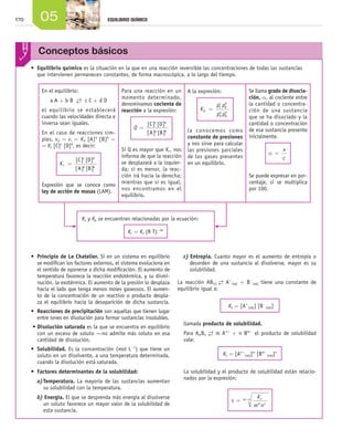 170 05 EQUILIBRIO QUÍMICO
•	 Equilibrio químico es la situación en la que en una reacción reversible las concentraciones de todas las sustancias
que intervienen permanecen constantes, de forma macroscópica, a lo largo del tiempo.
•	 Principio de Le Chatelier. Si en un sistema en equilibrio
se modifican los factores exter­nos, el sistema evoluciona en
el sentido de oponerse a dicha modificación. El aumento de
temperatura favorece la reacción endotérmica, y su dismi-
nución, la exotérmica. El aumento de la presión lo desplaza
hacia el lado que tenga menos moles gaseosos. El aumen-
to de la concentración de un reactivo o producto despla-
za el equilibrio hacia la desaparición de dicha sustancia.
•	 Reacciones de precipitación son aquellas que tienen lugar
entre iones en disolución para formar sustancias insolubles.
•	Disolución saturada es la que se encuentra en equilibrio
con un exceso de soluto —no admite más soluto en esa
cantidad de disolución.
•	 Solubilidad. Es la concentración (mol L−1
) que tiene un
soluto en un disolvente, a una temperatura determinada,
cuando la disolución está saturada.
•	 Factores determinantes de la solubilidad:
a)	Temperatura. La mayoría de las sustancias aumentan
su solubilidad con la temperatura.
b) Energía. El que se desprenda más energía al disolverse
un soluto favorece un mayor valor de la solubilidad de
esta sustancia.
c) Entropía. Cuanto mayor es el aumento de entropía o
desorden de una sustancia al disolverse, mayor es su
solubilidad.
La reacción AB(s)
→← A+
(aq) + B−
(aq) tiene una constante de
equilibrio igual a:
	
Ks = [A+
(aq)] [B−
(aq)]
	 llamada producto de solubilidad.
	 Para AmBn
→← m An+
+ n Bm−
el producto de solubilidad
vale:
	
Ks = [An+
(aq)]m
[Bm−
(aq)]n
	 La solubilidad y el producto de solubilidad están relacio-
nados por la expresión:
s
K
m n
s
m n
m n= +
Conceptos básicos
En el equilibrio:
a A + b B →← c C + d D
el equilibrio se establecerá
cuando las velocidades directa e
inversa sean iguales.
En el caso de reacciones sim-
ples, vd = vi = Kd [A]a
[B]b
=
= Ki [C]c
[D]d
, es decir:
Kc =
[ ] [ ]
[ ] [ ]
C D
A B
c d
a b
Expresión que se conoce como
ley de acción de masas (LAM).
Para una reacción en un
momento determinado,
denominamos cociente de
reacción a la expresión:
Q =
[ ] [ ]
[ ] [ ]
C D
A B
c d
a b
Si Q es mayor que Kc, nos
informa de que la reacción
se desplazará a la izquier-
da; si es menor, la reac-
ción irá hacia la derecha;
mientras que si es igual,
nos encontramos en el
equilibrio.
A la expresión:
K
p p
p p
p
C
c
D
d
A
a
B
b
=
la conocemos como
constante de presiones
y nos sirve para calcular
las presiones parciales
de los gases presentes
en un equilibrio.
Se llama grado de disocia­
ción, a, al cociente entre
la cantidad o concentra-
ción de una sustancia
que se ha disociado y la
cantidad o concentración
de esa sustancia presente
inicialmente.
α =
x
c
Se puede expresar en por-
centaje, si se multiplica
por 100.
Kc y Kp se encuentran relacionadas por la ecuación:
Kc = Kc (R T)−Δn
Unidad_05.indd 170 19/3/09 22:36:02
 