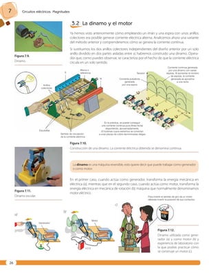 7 Circuitos eléctricos. Magnitudes 
26 
3.2 La dinamo y el motor 
Ya hemos visto anteriormente cómo empleando un imán y una espira con unos anillos 
colectores era posible generar corriente eléctrica alterna. Analicemos ahora una variante 
del método anterior y comprenderemos cómo se genera la corriente continua. 
Si sustituimos los dos anillos colectores independientes del diseño anterior por un solo 
anillo dividido en dos partes aisladas entre sí, habremos construido una dinamo. Opera-dor 
que, como puedes observar, se caracteriza por el hecho de que la corriente eléctrica 
circula en un solo sentido. 
Figura 7. 10. 
Construcción de una dinamo. La corriente eléctrica obtenida se denomina continua. 
Figura 7. 11. 
Dinamo escolar. 
La dinamo es una máquina reversible, esto quiere decir que puede trabajar como generador 
o como motor. 
En el primer caso, cuando actúa como generador, transforma la energía mecánica en 
eléctrica (a), mientras que en el segundo caso, cuando actúa como motor, transforma la 
energía eléctrica en mecánica de rotación (b), máquina que normalmente denominamos 
motor eléctrico. 
– 
+ 
Anillos 
colectores 
Escobillas 
Marca o 
referencia 
S 
Sentido de circulación 
de la corriente eléctrica 
N 
N.o de vueltas 
En la práctica, se puede conseguir 
una corriente continua pura (línea recta) 
disponiendo, aproximadamente, 
20 bobinas cuyos extremos se conectan 
a unas piezas de cobre denominadas delgas 
Corriente continua generada 
por una dinamo con varias 
espiras. Al aumentar el número 
de espiras, la corriente 
generada se aproxima 
a una recta 
A 
A 
B 
B 
C 
C 
D 
D 
E 
E 
1/2 
1/4 
3/4 
Tensión 
Corriente pulsatoria 
generada 
por una espira 
Generador 
Motor 
Para invertir el sentido de giro de un motor 
deberás invertir la posición de sus contactos 
4,5 V 
a) 
b) 
c) 
Figura 7. 12. 
Dinamo utilizada como gene-rador 
(a) y como motor (b) y 
experiencia de laboratorio con 
la que podrás practicar cómo 
se construye un motor (c). 
Figura 7. 9. 
Dinamo. 
 
