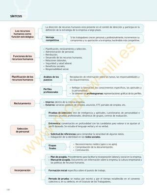 SÍNTESIS
22
Selección
de personal
Incorporación
Si los trabajadores crecen personal y profesionalmente, incrementan su
compromiso y su aportación a la empresa, haciéndola más competitiva.
•	 Reconocimiento médico (apto o no apto).
•	 Comprobación de la documentación.
•	 Contratación.
Recopilación de información sobre las tareas, las responsabilidades y
los requerimientos.
•	 Reflejan la formación, los conocimientos específicos, las aptitudes y
la personalidad.
•	 Se obtienen los profesiogramas: representaciones gráficas de los perfiles.
•	 Planificación, reclutamiento y selección.
•	 Administración de personal.
•	 Retribución.
•	 Desarrollo de los recursos humanos.
•	 Relaciones laborales.
•	 Seguridad y salud laboral.
•	 Beneficios sociales.
•	 Responsabilidad social.
•	 Interno: dentro de la misma empresa.
•	 Externo: servicios públicos de empleo, anuncios, ETT, portales de empleo, etc.
Perfiles
profesionales
La dirección de recursos humanos está presente en el comité de dirección y participa en la
definición de la estrategia de la empresa a largo plazo.
Pruebas de selección: test de inteligencia y aptitudes, cuestionarios de personalidad e
intereses, pruebas profesionales, dinámicas de grupos, centros de evaluación.
•	 Plan de acogida. Procedimiento para facilitar la incorporación laboral y social en la empresa.
•	 Manual de acogida. Documento con información sobre la empresa, la cultura empresarial y
las políticas de recursos humanos.
Entrevista: conversación en profundidad con los candidatos para valorar si se ajustan al
perfil deseado. Se estudia el lenguaje verbal y el no verbal.
Formación inicial específica sobre el puesto de trabajo.
•	 Solicitud de referencias para comprobar la veracidad de algunos datos.
•	 Indagación de la identidad en las redes sociales.
Periodo de prueba: se realiza por escrito y por el tiempo establecido en el convenio
colectivo o, en su defecto, en el Estatuto de los Trabajadores.
Ventaja
competitiva
Etapas
finales
Funciones de los
recursos humanos
Planificación de los
recursos humanos
Reclutamiento
Análisis de los
puestos
Los recursos
humanos como
función estratégica
w
w
w
.m
cgraw
-hill.es
 