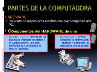 HARDWARE : Conjunto de dispositivos electrónicos que componen una PC.  Co mponentes del HARDWARE de una PC : De SALIDA :   Permite visualizar la información. Tenemos : el monitor, la impresora, los parlantes, etc. De ENTRADA :   A través de los cuales se ingresan los datos a la Computadora. Los más comunes son el Teclado el mouse ,escáner. 