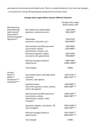 seek ways to minimize personnel related costs. There is a modest tendency to hire more top managers
- an increase from 11% до 20% participants compared to the previous wave.
Average salary ranges (before taxes) in different industries:
Average salary ranges
(before taxes), UAH
Manufacturing:
Metal Working*
Light industry*
Automotive**
Machine building**
Agriculture**
Non-skilled /semi-skilled labour
(operators, seamstresses etc.)
2530-2960*
2060-2400**
Skilled labor
(mechanics, locksmiths, etc.)
3750-4150*
3450-3840**
Administrative and office personnel
(accountants, analysts,
administrators, lawyers, etc)
7000-9000*
5520-6400**
Specialists (engineers, logistic,
consultants, HR, agronomists)
5850-7000*
7700-8900**
Mid level managers (heads of
departments)
6000-7500*
11800-13000**
Top managers 15000+
Services:
Retail***
FMCG***
Distribution***
Hospitality****
Semi-skilled workers with high school
certificate
(cleaners, sales agents)
2670-3130***
2000-2150****
Qualified workers
(call centre operators, clerks, cashiers,
senior sales agents)
4500-4980***
2200-2480****
Administrative and office personnel
(accountants, analysts,
administrators, lawyers, office
managers)
6300-7500***
5000-5580****
Specialists ( logistics, consultants, HR,
sales managers)
7760-10200***
5500-6100****
Mid level managers (heads of
departments)
9075-9700***
5800-6300****
Toр managers 15000+
 