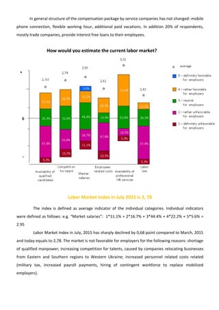 In general structure of the compensation package by service companies has not changed: mobile
phone connection, flexible working hour, additional paid vacations. In addition 20% of respondents,
mostly trade companies, provide interest free loans to their employees.
Labor Market Index in July 2015 is 2, 78
The index is defined as average indicator of the individual categories. Individual indicators
were defined as follows: e.g. “Market salaries”: 1*11.1% + 2*16.7% + 3*44.4% + 4*22.2% + 5*5.6% =
2.95
Labor Market Index in July, 2015 has sharply declined by 0,68 point compared to March, 2015
and today equals to 2,78. The market is not favorable for employers for the following reasons: shortage
of qualified manpower; increasing competition for talents, caused by companies relocating businesses
from Eastern and Southern regions to Western Ukraine; increased personnel related costs related
(military tax, increased payroll payments, hiring of contingent workforce to replace mobilized
employers).
How would you estimate the current labor market?
 