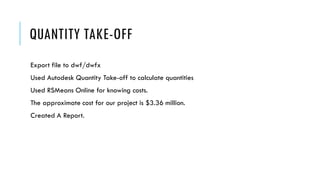 QUANTITY TAKE-OFF
Export file to dwf/dwfx
Used Autodesk Quantity Take-off to calculate quantities
Used RSMeans Online for knowing costs.
The approximate cost for our project is $3.36 million.
Created A Report.
 