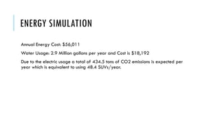 ENERGY SIMULATION
Annual Energy Cost: $56,011
Water Usage: 2.9 Million gallons per year and Cost is $18,192
Due to the electric usage a total of 434.5 tons of CO2 emissions is expected per
year which is equivalent to using 48.4 SUVs/year.
 