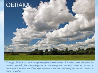 ОБЛАКА




С виду облака похожи на громадные комья ваты. А из чего они состоят на
самом деле? Из миллиардов и миллиардов мелких капелек воды и
ледяных кристаллов. Они крошечные и легкие, поэтому не падают вниз, а
парят в небе.
 