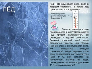 Лёд - это замёрзшая вода, вода в
      твёрдом состоянии. В тепле лёд
ЛЁД   превращается в воду (тает).
      Вода замерзает
      при температуре
      О градусов С.




                 Знаешь, как вода в реке
      превращается в лёд? Когда воздух
      над прудом охлаждается, он
      охлаждает и верхний слой воды.
      Верхний холодный слой воды
      становится тяжелее, чем тёплые
      нижние слои, и он опускается вниз.
      Но       температура      воздуха
      понижается! Когда верхние слои
      воды охлаждаются до температуры
      ниже 4° С, они остаются на
      поверхности. Потому что вода,
      охлажденная до температуры ниже
      4° С, становится легче!
 