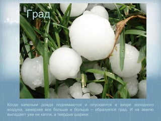 Град




Когда капельки дождя поднимаются и опускаются в вихре холодного
воздуха, замерзая все больше и больше – образуется град. И на землю
выпадают уже не капли, а твердые шарики.
 