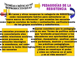 Giroux, Mc Laren y otros recuperan la categoría de RESISTENCIA
como razonamiento teórico para estructurar un
“nuevo marco de referencia” que examine las escuelas
como lugares sociales de lucha y contestación, particularmente
de los grupos excluidos y subalternos.
McLaren considera que la pedagogía
crítica es una “forma de política cultura
que “pretende proporcionar a los
educadores una oportunidad para
examinar, desmantelar, analizar, poner
entre paréntesis, destruir y reconstruir
las prácticas pedagógicas.
¿Cómo se produce el significado?
¿Cómo se construye el poder
y cómo se refuerza en el aula
y en al vida escolar?”
as escuelas procesan no
ólo conocimiento sino
ambién relaciones sociales;
eneran procesos de
nculcación ideológica
n la enseñanza, así como
ncorporan la lucha ideológica
n las escuelas
 