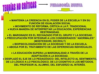 ♦ MANTENÍA LA CREENCIA EN EL PODER DE LA ESCUELA Y EN SU
FUNCIÓN DE IGUALACIÓN SOCIAL
♦ MOVIMIENTO DE REFORMA, CRÍTICA A LA P. TRADICIONAL
♦ NUEVA MANERA DE INTERPRETAR LA EDUCACIÓN, EXPERIENCIAS
RESTRINGIDAS.
♦ EL MARGINADO ES EL RECHAZADO POR EL GRUPO Y LA SOCIEDAD.
♦ PREOCUPACIÓN POR INTEGRAR A LOS CONSIDERADOS “ANORMALES”
(MONTESSORI, DECROLY)
♦ BIOPSICOLOGIZACIÓN DE LA SOCIEDAD Y DE LA ESCUELA.
♦ ABOGA POR EL TRATAMIENTO DE LAS DIFERENCIAS INDIVIDUALES.
♦ LA EDUCACIÓN SUPERA LA MARGINALIDAD A TRAVÉS DE LA
ADAPTACIÓN A LA SOCIEDAD.
♦ DESPLAZÓ EL EJE DE LO PEDAGÓGICO: DEL INTELECTO AL SENTIMIENTO,
DE LO LÓGICO A LO PSICOLÓGICO, DE LO COGNITVO A LOS MÉTODOS,
DEL PROFESOR AL ALUMNO, DEL ESFUERZO AL INTERÉS.
 