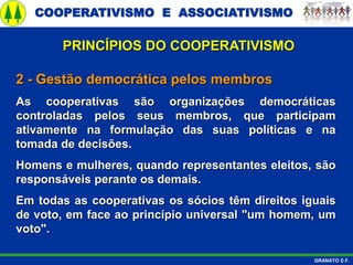 COOPERATIVISMO E ASSOCIATIVISMO
GRANATO E.F.
2 - Gestão democrática pelos membros
As cooperativas são organizações democráticas
controladas pelos seus membros, que participam
ativamente na formulação das suas políticas e na
tomada de decisões.
Homens e mulheres, quando representantes eleitos, são
responsáveis perante os demais.
Em todas as cooperativas os sócios têm direitos iguais
de voto, em face ao princípio universal "um homem, um
voto".
PRINCÍPIOS DO COOPERATIVISMO
 