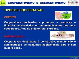 COOPERATIVISMO E ASSOCIATIVISMO
GRANATO E.F.
CRÉDITO
Cooperativas destinadas a promover a poupança e
financiar necessidades ou empreendimentos dos seus
cooperados. Atua no crédito rural e urbano.
TIPOS DE COOPERATIVAS
HABITACIONAL
Cooperativas destinadas à construção, manutenção e
administração de conjuntos habitacionais para o seu
quadro social.
 