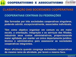 COOPERATIVISMO E ASSOCIATIVISMO
GRANATO E.F.
COOPERATIVAS CENTRAIS OU FEDERAÇÕES
São formadas por três sociedades cooperativas singulares,
podendo admitir, excepcionalmente, associados individuais.
Têm como objetivo organizar em comum ou em maior
escala, a orientação, integração e os serviços das filiadas,
reduzindo seus custos administrativos, proporcionando
maior agilidade, por manter um único departamento jurídico,
técnico e administrativo para assessorar as sociedades
cooperativas integrantes.
Maior eficiência quando congrega sociedades cooperativas
do mesmo ramo de atividade, por terem o mesmo foco.
CLASSIFICAÇÃO DAS SOCIEDADES COOPERATIVAS
 