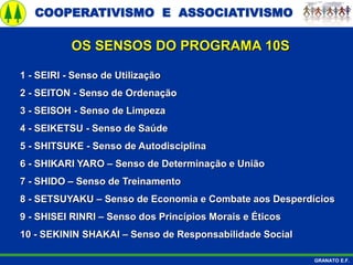 COOPERATIVISMO E ASSOCIATIVISMO
GRANATO E.F.
1 - SEIRI - Senso de Utilização
2 - SEITON - Senso de Ordenação
3 - SEISOH - Senso de Limpeza
4 - SEIKETSU - Senso de Saúde
5 - SHITSUKE - Senso de Autodisciplina
6 - SHIKARI YARO – Senso de Determinação e União
7 - SHIDO – Senso de Treinamento
8 - SETSUYAKU – Senso de Economia e Combate aos Desperdícios
9 - SHISEI RINRI – Senso dos Princípios Morais e Éticos
10 - SEKININ SHAKAI – Senso de Responsabilidade Social
OS SENSOS DO PROGRAMA 10S
 