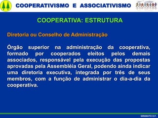 COOPERATIVISMO E ASSOCIATIVISMO
GRANATO E.F.
Diretoria ou Conselho de Administração
Órgão superior na administração da cooperativa,
formado por cooperados eleitos pelos demais
associados, responsável pela execução das propostas
aprovadas pela Assembléia Geral, podendo ainda indicar
uma diretoria executiva, integrada por três de seus
membros, com a função de administrar o dia-a-dia da
cooperativa.
COOPERATIVA: ESTRUTURA
 