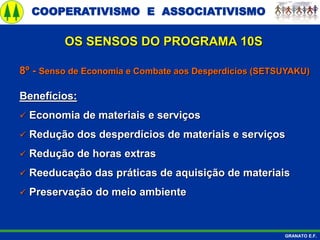 COOPERATIVISMO E ASSOCIATIVISMO
GRANATO E.F.
8º - Senso de Economia e Combate aos Desperdícios (SETSUYAKU)
Benefícios:
 Economia de materiais e serviços
 Redução dos desperdícios de materiais e serviços
 Redução de horas extras
 Reeducação das práticas de aquisição de materiais
 Preservação do meio ambiente
OS SENSOS DO PROGRAMA 10S
 