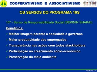 COOPERATIVISMO E ASSOCIATIVISMO
GRANATO E.F.
10º - Senso de Responsabilidade Social (SEKININ SHAKAI)
Benefícios:
 Melhor imagem perante a sociedade e governos
 Maior produtividade dos empregados
 Transparência nas ações com todos stackholders
 Participação no crescimento sócio-econômico
 Preservação do meio ambiente
OS SENSOS DO PROGRAMA 10S
 