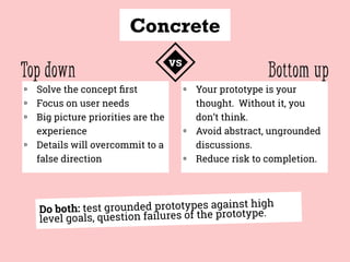 ◍ Solve the concept ﬁrst
◍ Focus on user needs
◍ Big picture priorities are the
experience
◍ Details will overcommit to a
false direction
◍ Your prototype is your
thought. Without it, you
don’t think.
◍ Avoid abstract, ungrounded
discussions.
◍ Reduce risk to completion.
Concrete
Bottom upTop down ◈vs
Do both: test grounded prototypes against high
level goals, question failures of the prototype.
 