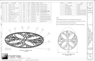 Isometric - Medallion East
no scale
32
4
5
1
8
7
6
8 9 10
11
84"
F
Top View - Medallion East
SCALE 1 : 24
Notes:
All material to be Made in U.S.A. Stainless Steel unless noted.
Artist to verify text layout and text ring lengths and locations with shop.
Artist to verify rail layout and locations with shop.
Artist to verify site placement and orientation of sculpture with TriMet.
ITEM PART ID PART NAME QTY. WT TOT WT MATERIAL FINISH NOTES
1 P1 Branch 1, 5-rail 1 53.08 53.08 AISI 304 SS Anti-Slip 3/8" thick SS plate
2 P2 Branch 2, 6-rail 1 60.03 60.03 AISI 304 SS Anti-Slip 3/8" thick SS plate
3 P3 Branch 3, 6-rail (crossed) 1 60.40 60.4 AISI 304 SS Anti-Slip 3/8" thick SS plate
4 P4 Branch 4, 7-rail 1 53.07 53.07 AISI 304 SS Anti-Slip 3/8" thick SS plate
5 P5 Text Ring 4 7.01 28.04 AISI 304 SS Anti-Slip
1/4" thick SS plate, verify
layout sequence w/ Artist
6 P6 Embedment Ring - inner 2 9.61 19.22 AISI 304 SS Mill 1/4" thick SS plate
7 P7 Embedment Ring - outer 2 9.67 19.34 AISI 304 SS Mill can be the same as P6
8 H1 Bolts - 1/4" x 1 1/2" SS 25 0.034 0.85 AISI 316 SS - Embedment Ring assembly
9 H2 Washers - 1/4" SS 10 0.01 0.1 AISI 304 SS - Embedment Ring assembly
10 H3 Nuts - 1/4" SS 5 0.01 0.05 AISI 316 SS - Embedment Ring assembly
11 H4 Bolts - 1/4" x 2 1/2" SS 129 0.068 8.772 AISI 316 SS - Rail Pattern studs
Sheet Description Notes
1 Cover Part Inventory
2 Text Ring Assembly Group 1
3 Text Ring Parts Group 1
4 Text Ring Details Group 1
5 Part 1- Rail Layout Bolt layout and cutting
6 Part 2- Rail Layout Bolt layout and cutting
7 Part 3- Rail Layout Bolt layout and cutting
8 Part 4- Rail Layout Bolt layout and cutting
Designer:DrawnBy:db
Approved
Prelim
4/14/2014
Revisions
TriMetLafayetteEast
Portland,Oregon
SculptureInstallationforAnneStorrs
davidbalesdesign.com pdxbales@mac.com 503.367.4291
David Bales Design
art architecture visualization
Job ID
22144
all design, drawings and photography © 2014 David Bales
Bsheetsize:referencemodel:AFLafayetteEast11.2.33.0.11.412.14/3/20145:41:09PM
DO NOT SCALE
Sheet
1 of 8
all art and sculpture © 2014 Anne Storrs
 