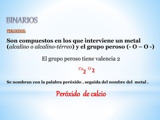 Son compuestos en los que interviene un metal
(alcalino o alcalino-térreo) y el grupo peroso (- O – O -)
El grupo peroso tiene valencia 2
Ca O
Se nombran con la palabra peróxido , seguida del nombre del metal .
Peróxido de calcio
2 2
 