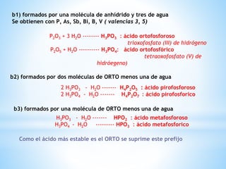 b1) formados por una molécula de anhídrido y tres de agua
Se obtienen con P, As, Sb, Bi, B, V ( valencias 3, 5)
P2O3 + 3 H2O -------- H3PO3 : ácido ortofosforoso
trioxofosfato (III) de hidrógeno
P2O5 + H2O ---------- H3PO4: ácido ortofosfórico
tetraoxofosfato (V) de
hidróegeno)
b2) formados por dos moléculas de ORTO menos una de agua
2 H3PO3 - H2O ------- H4P2O5 : ácido pirofosforoso
2 H3PO4 - H2O ------- H4P2O7 : ácido pirofosforico
b3) formados por una molécula de ORTO menos una de agua
H3PO3 - H2O ------- HPO2 : ácido metafosforoso
H3PO4 - H2O --------- HPO3 : ácido metafosforico
Como el ácido más estable es el ORTO se suprime este prefijo
 