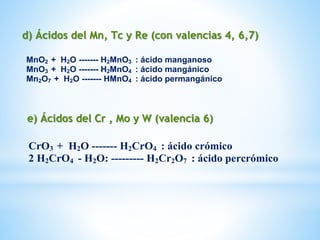 d) Ácidos del Mn, Tc y Re (con valencias 4, 6,7)
MnO2 + H2O ------- H2MnO3 : ácido manganoso
MnO3 + H2O ------- H2MnO4 : ácido mangánico
Mn2O7 + H2O ------- HMnO4 : ácido permangánico
e) Ácidos del Cr , Mo y W (valencia 6)
CrO3 + H2O ------- H2CrO4 : ácido crómico
2 H2CrO4 - H2O: --------- H2Cr2O7 : ácido percrómico
 