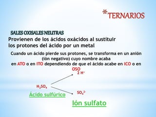 *
Provienen de los ácidos oxácidos al sustituir
los protones del ácido por un metal
Cuando un ácido pierde sus protones, se transforma en un anión
(ión negativo) cuyo nombre acaba
en ATO o en ITO dependiendo de que el ácido acabe en ICO o en
OSO
H2SO4
2 H+
SO4
2-
Ácido sulfúrico
Ión sulfato
 