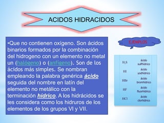 ACIDOS HIDRACIDOS
•Que no contienen oxígeno. Son ácidos
binarios formados por la combinación
del hidrogeno con un elemento no metal
un (halógeno) o (anfígeno). Son de los
ácidos más simples. Se nombran
empleando la palabra genérica ácido
seguida del nombre en latín del
elemento no metálico con la
terminación hídrico. A los hidrácidos se
les considera como los hidruros de los
elementos de los grupos Vl y VII.
H2S
ácido
sulfhídrico
HI
ácido
yodhídrico
HBr
ácido
bromhídrico
HF
ácido
fluorhídrico
HCl
ácido
clorhídrico
EJEMPLOS
 