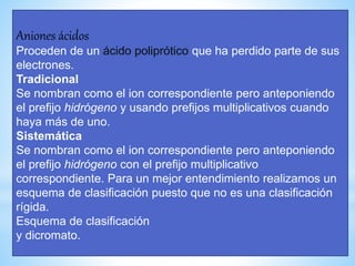 Aniones ácidos
Proceden de un ácido poliprótico que ha perdido parte de sus
electrones.
Tradicional
Se nombran como el ion correspondiente pero anteponiendo
el prefijo hidrógeno y usando prefijos multiplicativos cuando
haya más de uno.
Sistemática
Se nombran como el ion correspondiente pero anteponiendo
el prefijo hidrógeno con el prefijo multiplicativo
correspondiente. Para un mejor entendimiento realizamos un
esquema de clasificación puesto que no es una clasificación
rígida.
Esquema de clasificación
y dicromato.
 