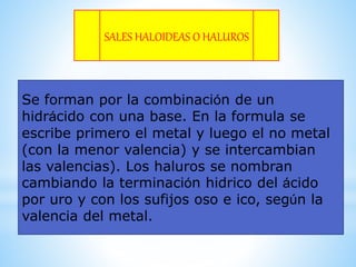 SALES HALOIDEAS O HALUROS
Se forman por la combinación de un
hidrácido con una base. En la formula se
escribe primero el metal y luego el no metal
(con la menor valencia) y se intercambian
las valencias). Los haluros se nombran
cambiando la terminación hidrico del ácido
por uro y con los sufijos oso e ico, según la
valencia del metal.
 