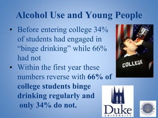 Alcohol Use and Young People
• Before entering college 34%
of students had engaged in
“binge drinking” while 66%
had not
• Within the first year these
numbers reverse with 66% of
college students binge
drinking regularly and
only 34% do not.
 