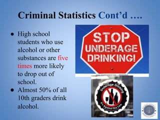 Criminal Statistics Cont’d ….
● High school
students who use
alcohol or other
substances are five
times more likely
to drop out of
school.
● Almost 50% of all
10th graders drink
alcohol.
 
