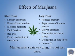 Effects of Marijuana
Short Term
• Sensory distortion
• Reduced reaction time
• Elevated heart rate
• Panic/anxiety
• Red eyes
• Poor coordination of
movement
Long Term
• Reduced memory
• Suppression of immune
system
• Growth disorders
• Personality and mood
change
• Destruction of lung fibers
• Lowers IQ
Marijuana is a gateway drug, it’s not just
once.
 