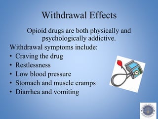Withdrawal Effects
Opioid drugs are both physically and
psychologically addictive.
Withdrawal symptoms include:
• Craving the drug
• Restlessness
• Low blood pressure
• Stomach and muscle cramps
• Diarrhea and vomiting
 