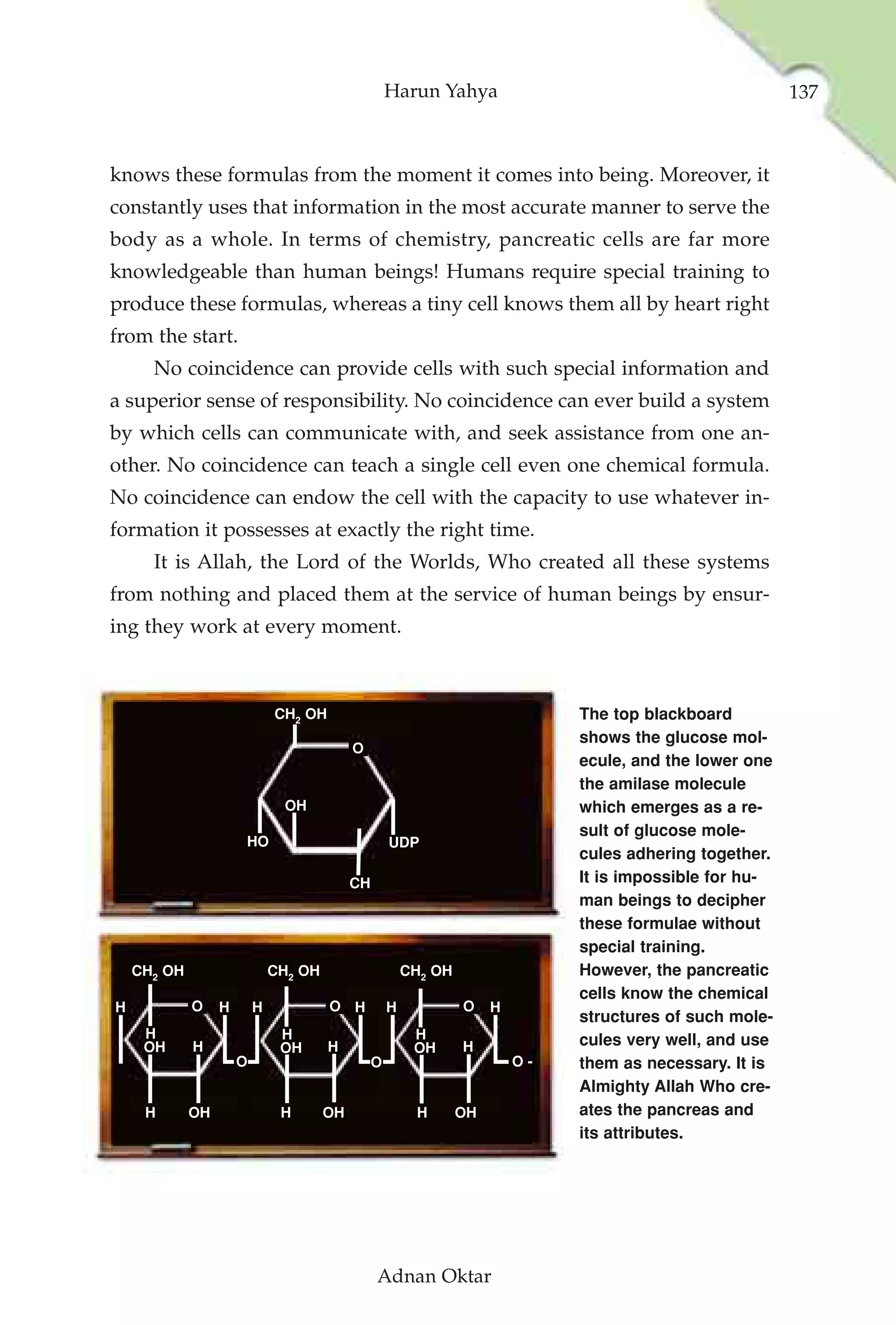 Harun Yahya                                           137



knows these formulas from the moment it comes into being. Moreover, it
constantly uses that information in the most accurate manner to serve the
body as a whole. In terms of chemistry, pancreatic cells are far more
knowledgeable than human beings! Humans require special training to
produce these formulas, whereas a tiny cell knows them all by heart right
from the start.
      No coincidence can provide cells with such special information and
a superior sense of responsibility. No coincidence can ever build a system
by which cells can communicate with, and seek assistance from one an-
other. No coincidence can teach a single cell even one chemical formula.
No coincidence can endow the cell with the capacity to use whatever in-
formation it possesses at exactly the right time.
      It is Allah, the Lord of the Worlds, Who created all these systems
from nothing and placed them at the service of human beings by ensur-
ing they work at every moment.



                              CH2 OH                                            The top blackboard
                                                                                shows the glucose mol-
                                            O
                                                                                ecule, and the lower one
                                                                                the amilase molecule
                               OH                                               which emerges as a re-
                                                                                sult of glucose mole-
                      HO                             UDP
                                                                                cules adhering together.
                                            CH                                  It is impossible for hu-
                                                                                man beings to decipher
                                                                                these formulae without
                                                                                special training.
    CH2 OH                    CH2 OH                     CH2 OH                 However, the pancreatic
                                                                                cells know the chemical
H            O    H       H            O H           H            O    H
                                                                                structures of such mole-
     H                         H                          H                     cules very well, and use
     OH      H                 OH      H                  OH      H
                      O                          O                         O-   them as necessary. It is
                                                                                Almighty Allah Who cre-
     H       OH                H       OH                 H       OH            ates the pancreas and
                                                                                its attributes.




                                                 Adnan Oktar
 
