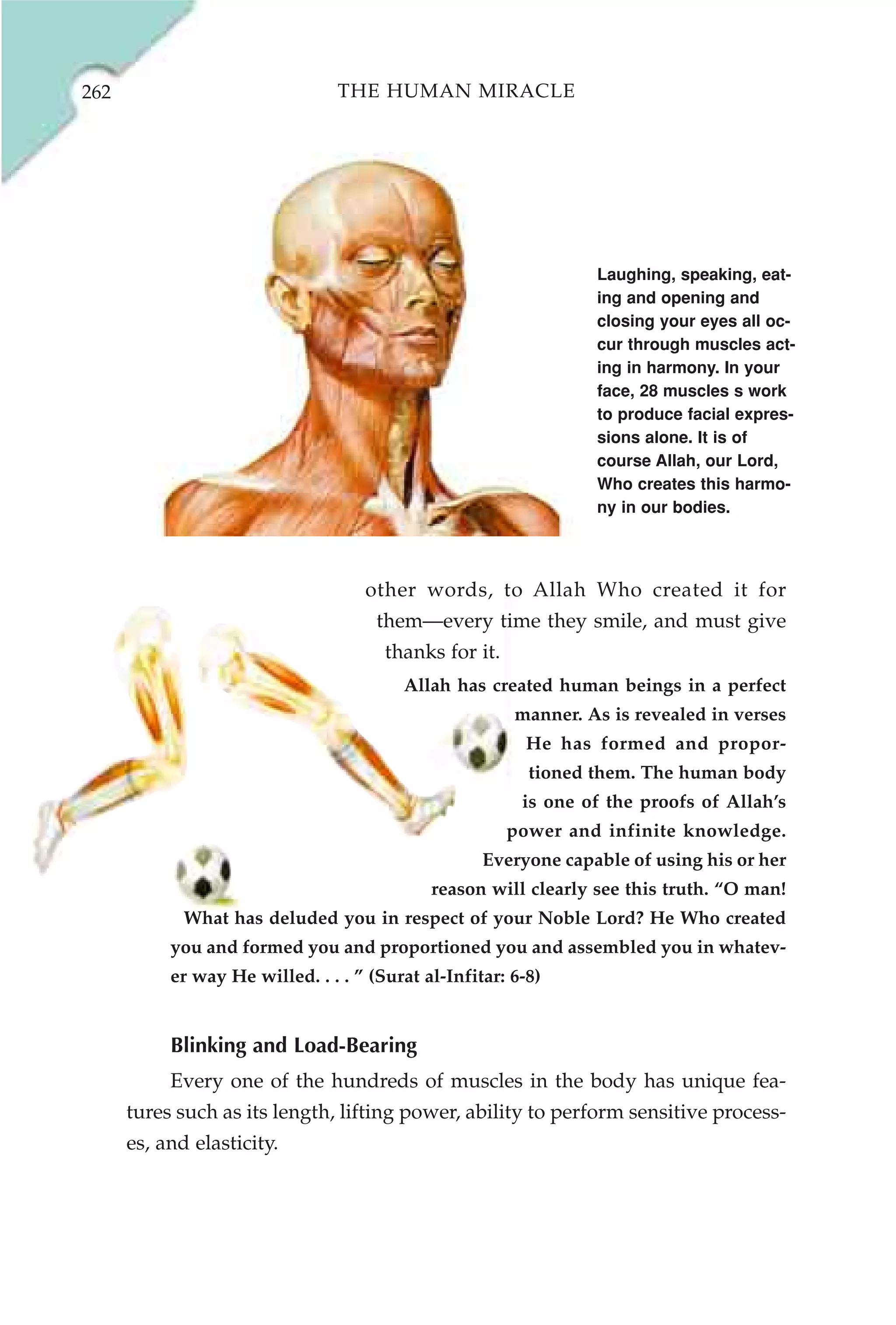 262                              THE HUMAN MIRACLE




                                                                 Laughing, speaking, eat-
                                                                 ing and opening and
                                                                 closing your eyes all oc-
                                                                 cur through muscles act-
                                                                 ing in harmony. In your
                                                                 face, 28 muscles s work
                                                                 to produce facial expres-
                                                                 sions alone. It is of
                                                                 course Allah, our Lord,
                                                                 Who creates this harmo-
                                                                 ny in our bodies.




                                    other words, to Allah Who created it for
                                      them—every time they smile, and must give
                                       thanks for it.
                                         Allah has created human beings in a perfect
                                                        manner. As is revealed in verses
                                                          He has formed and propor-
                                                          tioned them. The human body
                                                         is one of the proofs of Allah’s
                                                        power and infinite knowledge.
                                                    Everyone capable of using his or her
                                             reason will clearly see this truth. “O man!
             What has deluded you in respect of your Noble Lord? He Who created
           you and formed you and proportioned you and assembled you in whatev-
           er way He willed. . . . ” (Surat al-Infitar: 6-8)


           Blinking and Load-Bearing
           Every one of the hundreds of muscles in the body has unique fea-
      tures such as its length, lifting power, ability to perform sensitive process-
      es, and elasticity.
 