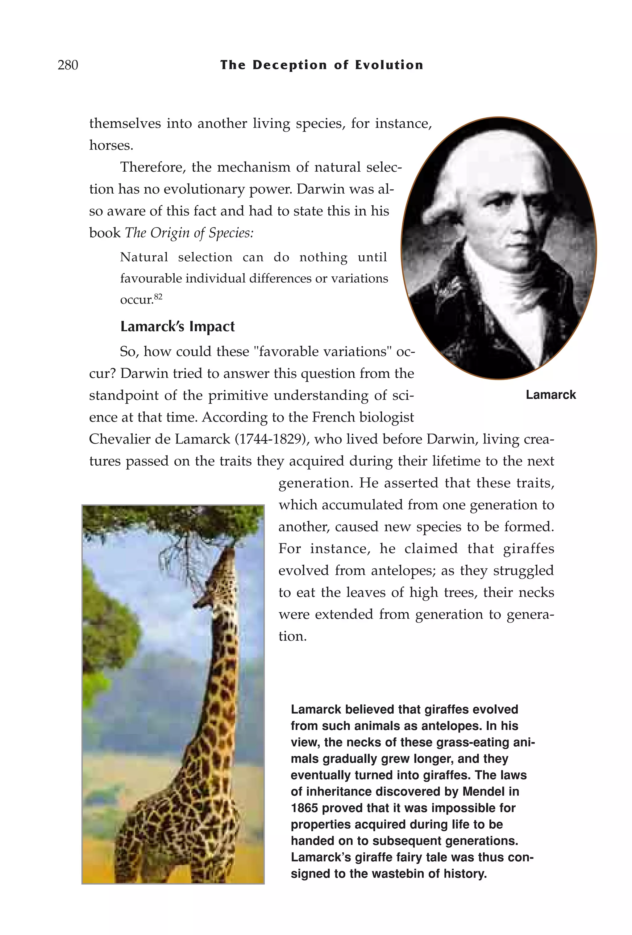 280                         The Deception of Evolution



      themselves into another living species, for instance,
      horses.
           Therefore, the mechanism of natural selec-
      tion has no evolutionary power. Darwin was al-
      so aware of this fact and had to state this in his
      book The Origin of Species:
           Natural selection can do nothing until
           favourable individual differences or variations
           occur.82

           Lamarck’s Impact
           So, how could these "favorable variations" oc-
      cur? Darwin tried to answer this question from the
      standpoint of the primitive understanding of sci-                         Lamarck
      ence at that time. According to the French biologist
      Chevalier de Lamarck (1744-1829), who lived before Darwin, living crea-
      tures passed on the traits they acquired during their lifetime to the next
                                      generation. He asserted that these traits,
                                      which accumulated from one generation to
                                      another, caused new species to be formed.
                                      For instance, he claimed that giraffes
                                      evolved from antelopes; as they struggled
                                      to eat the leaves of high trees, their necks
                                      were extended from generation to genera-
                                      tion.




                                        Lamarck believed that giraffes evolved
                                        from such animals as antelopes. In his
                                        view, the necks of these grass-eating ani-
                                        mals gradually grew longer, and they
                                        eventually turned into giraffes. The laws
                                        of inheritance discovered by Mendel in
                                        1865 proved that it was impossible for
                                        properties acquired during life to be
                                        handed on to subsequent generations.
                                        Lamarck’s giraffe fairy tale was thus con-
                                        signed to the wastebin of history.
 