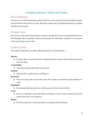 3
Company Mission, Vision and Values
Mission Statement
Our mission is to create furniture pieces that not only fit into our consumers homes but help them express
their personality with the pieces we create. We hope to inspire creativity and passion through our products
and hope to our investors.
Company Vision
Our vision is create furniture that helps our consumers everyday life. We aim to provide products that are
both affordable and customizable in order to accommodate the small spaces available to our consumers
and to reach a larger consumer base.
Corporate Values
Our company values allow us to frame, define and reach our vision and mission . . .
Honesty:
❖ We know that our words count and we understand that you listen to them therefore our actions
will mirror them
Accountability:
❖ We promise to take responsibility of our actions
Integrity:
❖ Knowing what is right and always abiding by it
Innovation:
❖ We aim to always look out for what is new and to inspire our consumers with the products we
create
Dependable:
❖ We understand that you count on us, what you expect is what we aim to deliver
Loyal:
❖ Just as we would like to gain and keep your attention, we aim to always keep our consumers
interest at the center of our operations
Quality:
❖ It will be our promise to always put quality over quantity, doing well always
 